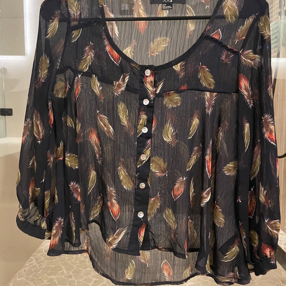 Forever 21 Navy Feather Print Sheer Blouse